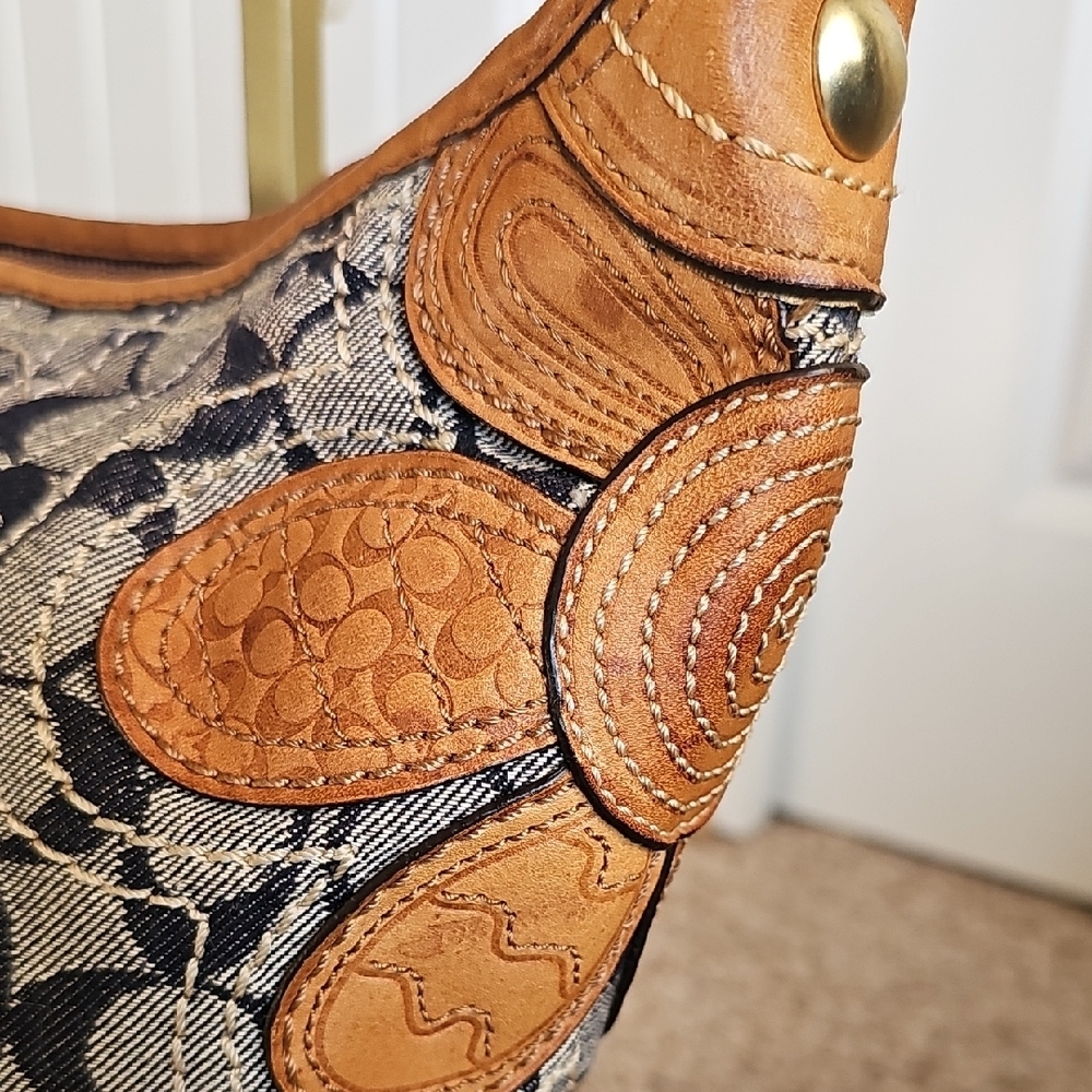 COACH 2007 BLEECKER DENIM C FLORAL DUFFLE VACHETTA LEATHER FLOWER BAG 11781 Rare - Picture 5 of 15
